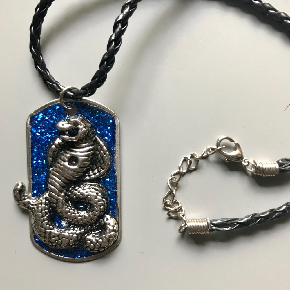 3-D sparkle snake dog tag, braided necklace